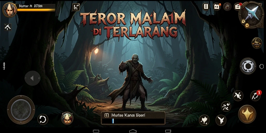 Gameplay seram dengan suasana hutan yang gelap dan menakutkan.