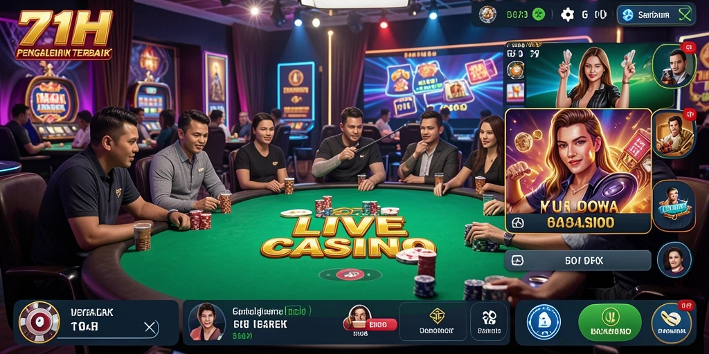 Screenshot gameplay 71H menampilkan dealer langsung dan pemain berinteraksi.