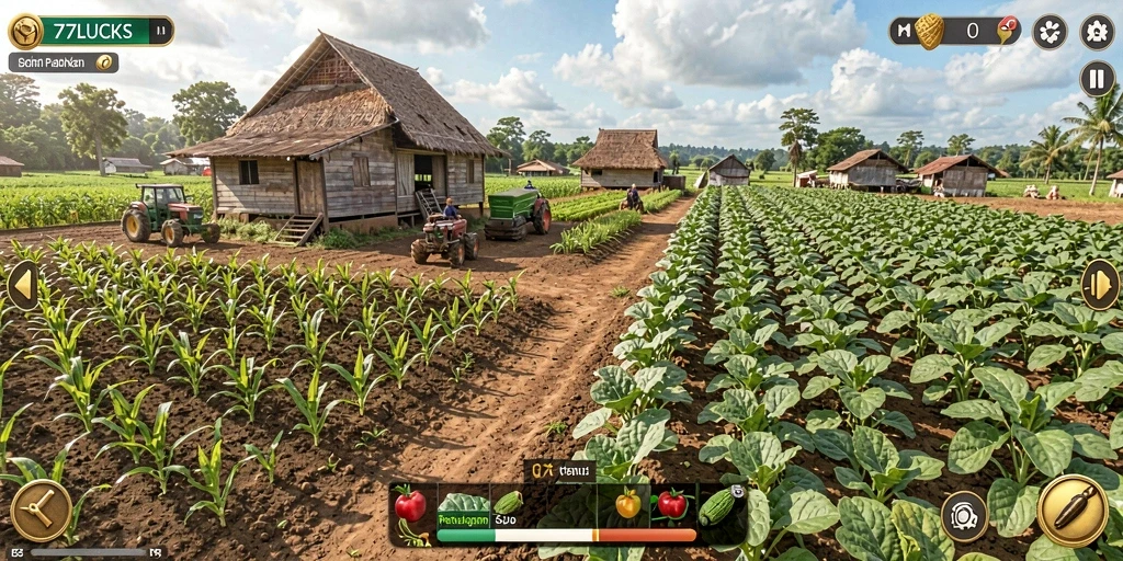 Tampilan gameplay <strong>77LUCKS</strong> dengan kebun yang indah dan aktivitas pertanian.