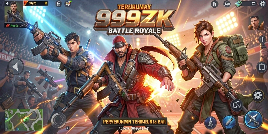 Tampilan gameplay mendebarkan dalam pertempuran Battle Royale 999ZK.