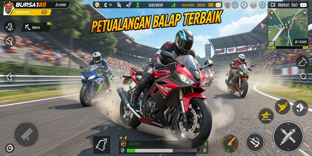 Tampilan gameplay BURSA188 memperlihatkan kecepatan balapan motor yang menegangkan.