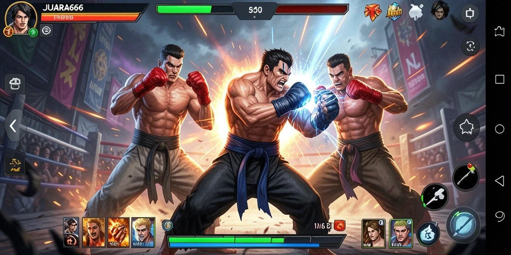 Screenshot gameplay JUARA666 menampilkan pertarungan seru antar karakter.