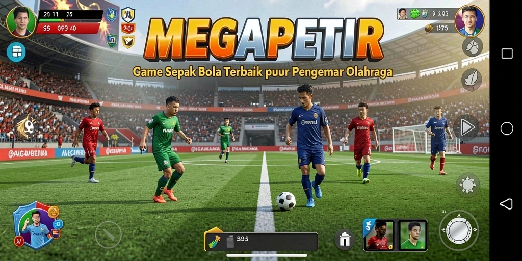 Tangkapan layar game MEGAPETIR menampilkan aksi seru di lapangan Football.
