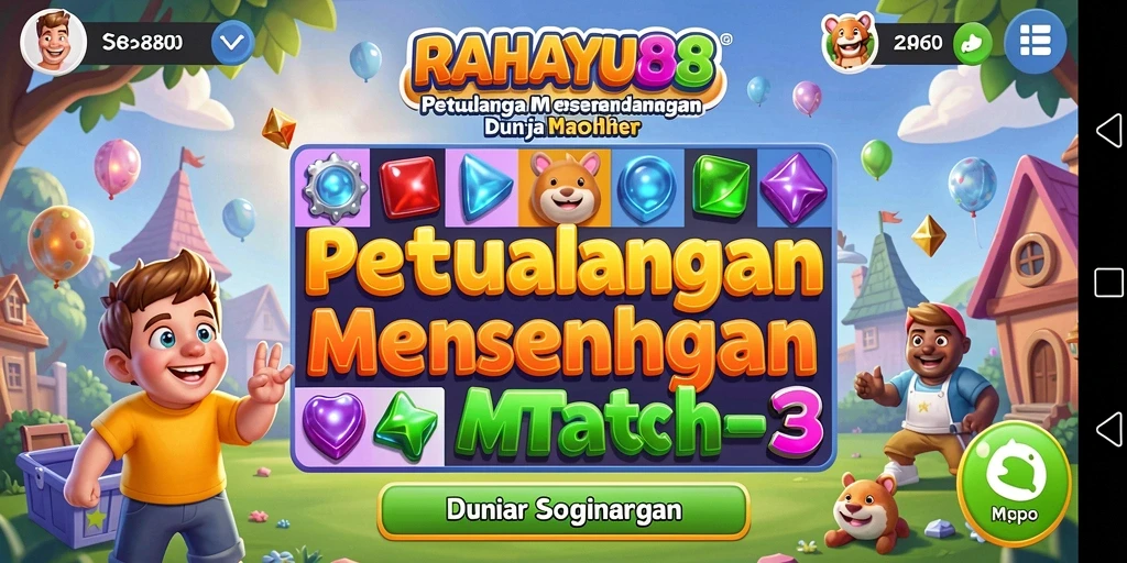 Screenshot RAHAYU88 menampilkan gameplay Match-3 yang seru dan penuh warna.