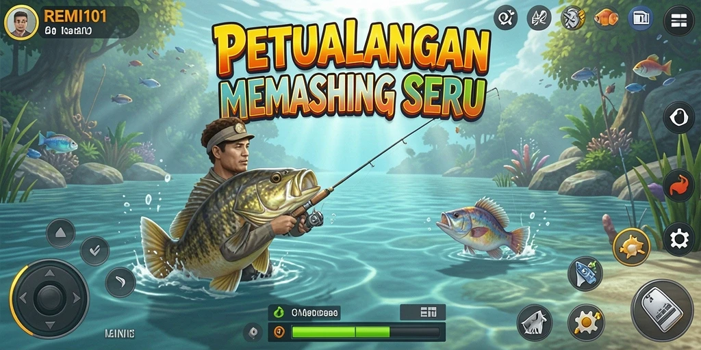 Screenshot gameplay REMI101 menampilkan aksi seru memancing di lokasi indah.