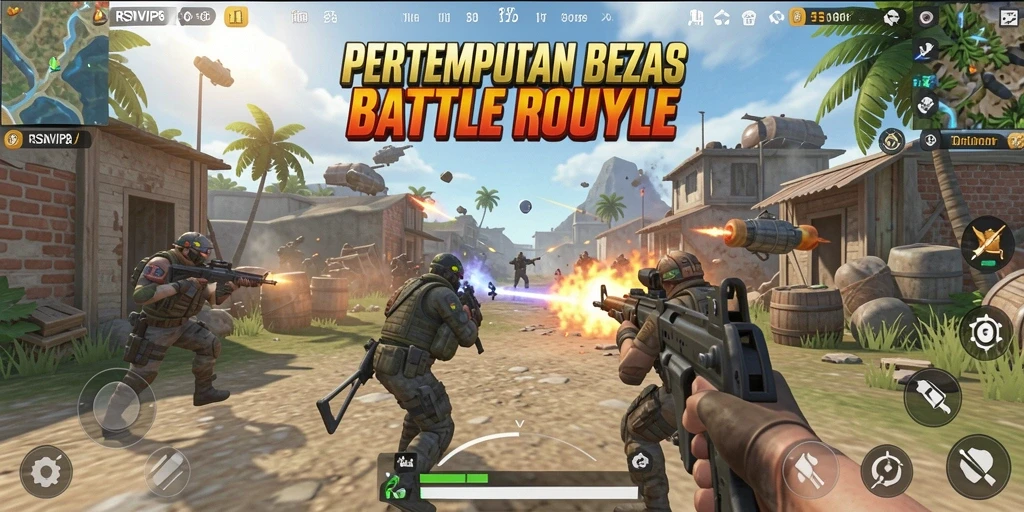 Screenshot utama RSNVIP8 menampilkan aksi pertempuran epik dalam Battle Royale.