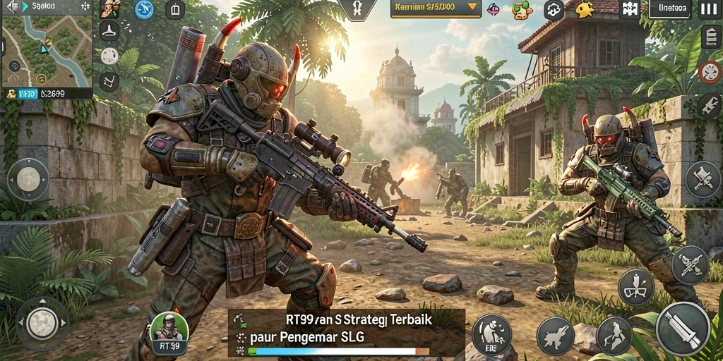 Screenshot gameplay RT99 yang menunjukkan pertempuran strategi mendebarkan.