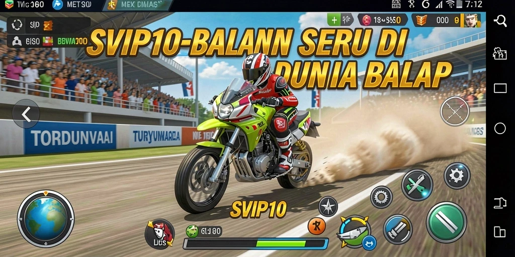 Tampilan gameplay balapan dengan mobil melaju kencang di trek.