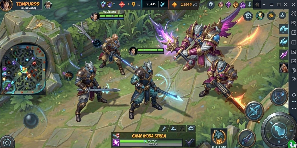 Screenshot menampilkan pertempuran epik dalam game MOBA TEMPUR99.